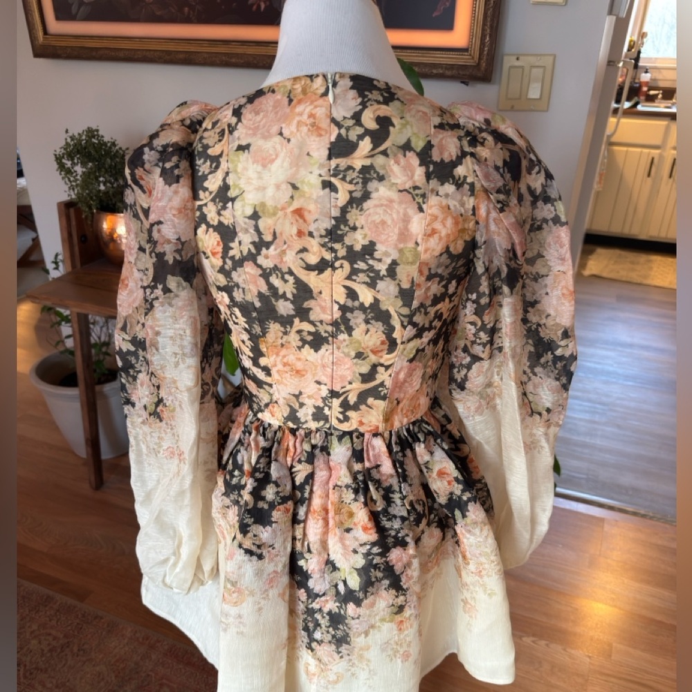 Zimmermann Floral Puff-Sleeve Mini Dress in Cream, Black and Pink - Picture 9 of 12